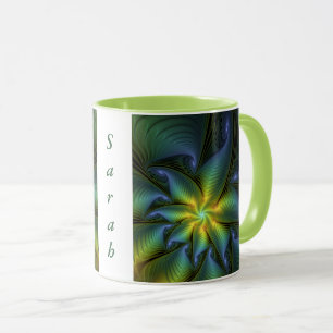 Abstract Star, Blue Green Golden Fractal Art Name Mug