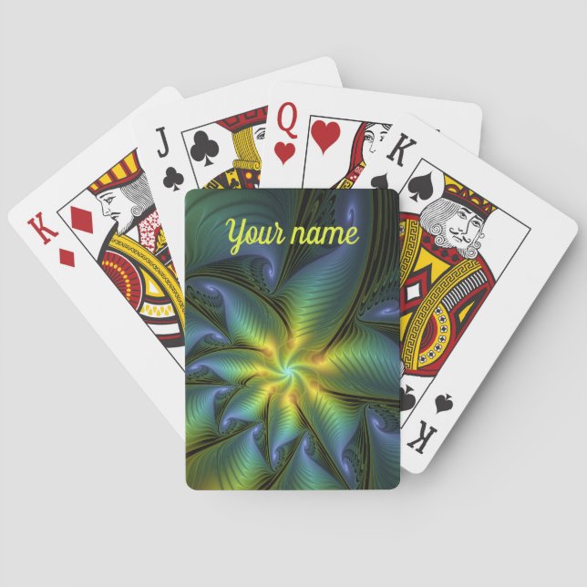 Abstract Star Blue Green Golden Fractal Art Name Playing Cards (Back)