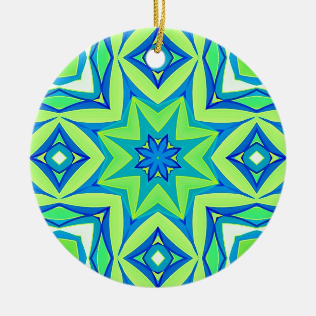 Abstract Star Geometric - Lime Green and Blue   Ceramic Ornament (Front)