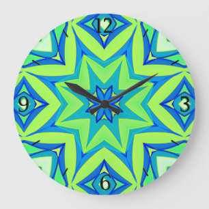 Abstract Star Geometric - Lime Green and Blue Large Clock
