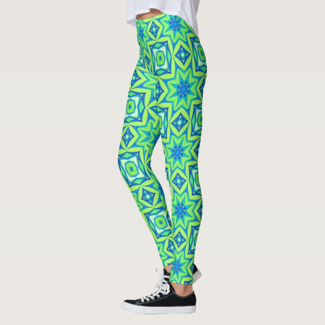 Abstract Star Geometric - Lime Green and Blue   Leggings (Left)