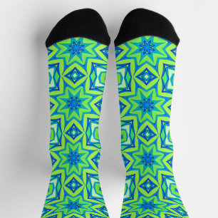 Abstract Star Geometric - Lime Green and Blue Socks