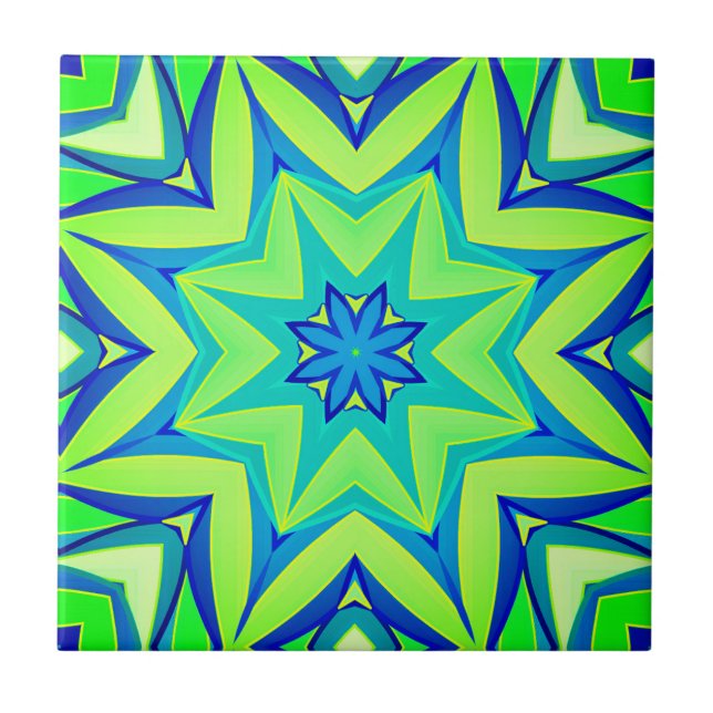 Abstract Star Geometric - Lime Green and Blue   Tile (Front)