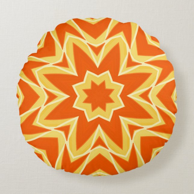 Abstract Star Geometric - Orange and Gold  Round Pillow (Front)
