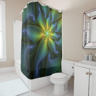 Abstract Star, Shiny Blue Green Golden Fractal Art