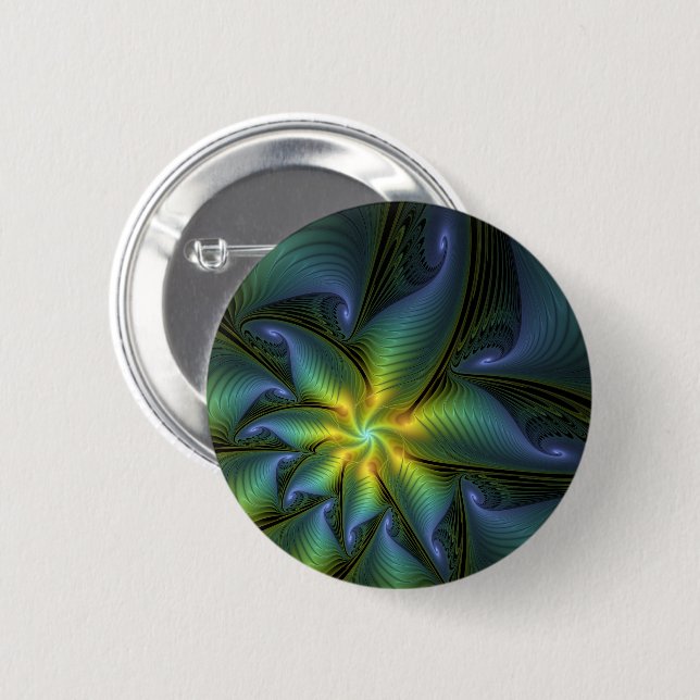 Abstract Star, Shiny Blue Green Golden Fractal Art 2 Inch Round Button (Front & Back)