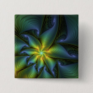 Abstract Star, Shiny Blue Green Golden Fractal Art 2 Inch Square Button