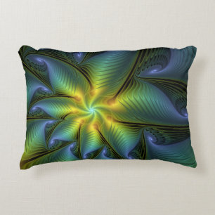Abstract Star, Shiny Blue Green Golden Fractal Art Accent Pillow