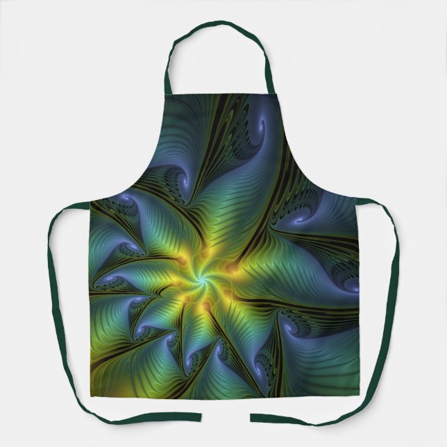 Abstract Star, Shiny Blue Green Golden Fractal Art Apron (Front)