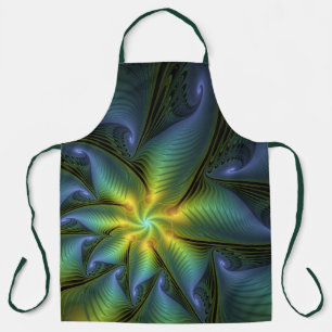 Abstract Star, Shiny Blue Green Golden Fractal Art Apron
