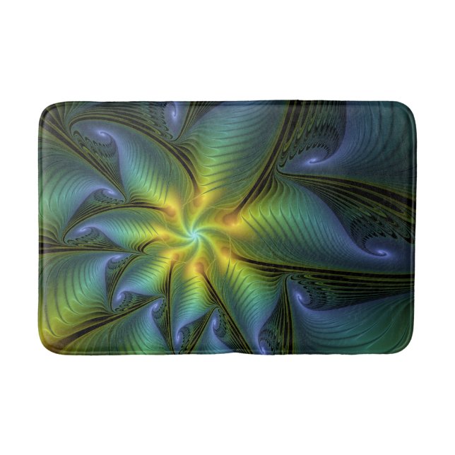 Abstract Star, Shiny Blue Green Golden Fractal Art Bath Mat (Front)