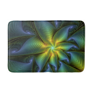 Abstract Star, Shiny Blue Green Golden Fractal Art Bath Mat