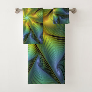 Abstract Star, Shiny Blue Green Golden Fractal Art Bath Towel Set