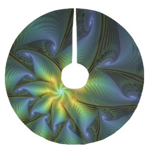 Abstract Star, Shiny Blue Green Golden Fractal Art Brushed Polyester Tree Skirt