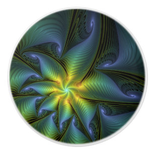 Abstract Star, Shiny Blue Green Golden Fractal Art Ceramic Knob