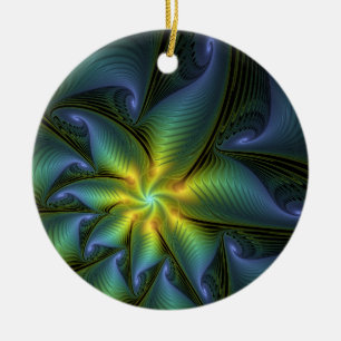 Abstract Star, Shiny Blue Green Golden Fractal Art Ceramic Ornament