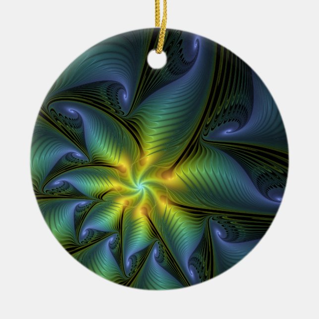 Abstract Star, Shiny Blue Green Golden Fractal Art Ceramic Ornament (Front)