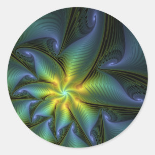 Abstract Star, Shiny Blue Green Golden Fractal Art Classic Round Sticker