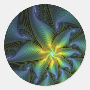Abstract Star, Shiny Blue Green Golden Fractal Art Classic Round Sticker