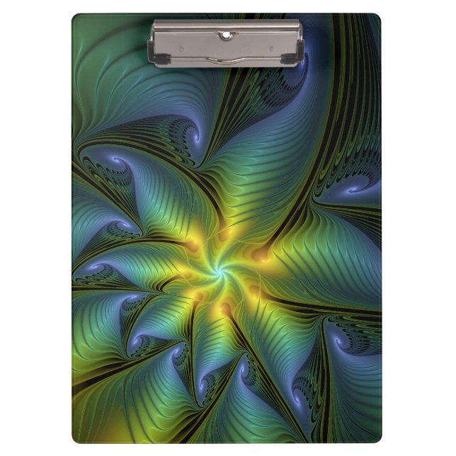 Abstract Star, Shiny Blue Green Golden Fractal Art Clipboard (Front)