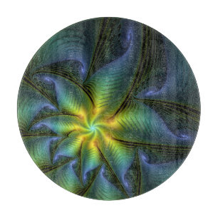 Abstract Star, Shiny Blue Green Golden Fractal Art Cutting Board