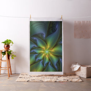 Abstract Star, Shiny Blue Green Golden Fractal Art Fabric