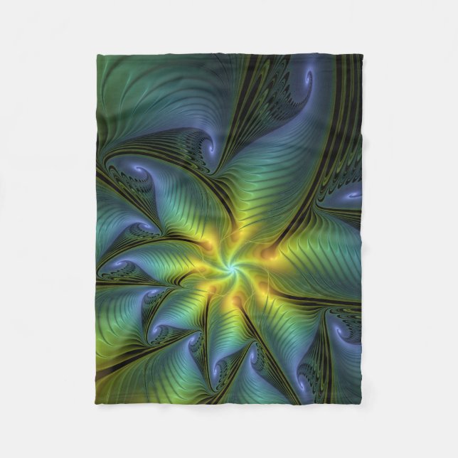 Abstract Star, Shiny Blue Green Golden Fractal Art Fleece Blanket (Front)
