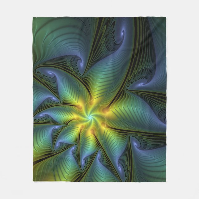 Abstract Star, Shiny Blue Green Golden Fractal Art Fleece Blanket (Front)