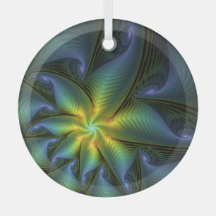 Abstract Star, Shiny Blue Green Golden Fractal Art Glass Ornament