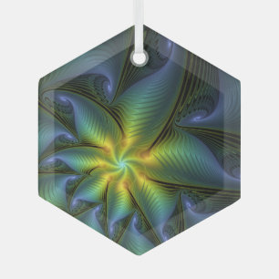 Abstract Star, Shiny Blue Green Golden Fractal Art Glass Ornament