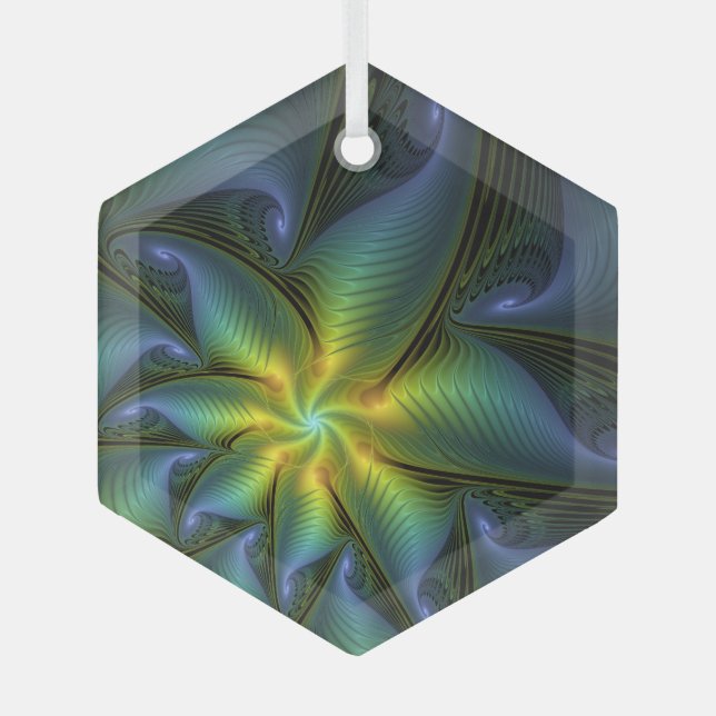 Abstract Star, Shiny Blue Green Golden Fractal Art Glass Ornament (Front)