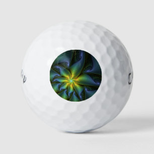 Abstract Star, Shiny Blue Green Golden Fractal Art Golf Balls