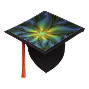 Abstract Star, Shiny Blue Green Golden Fractal Art Graduation Cap Topper