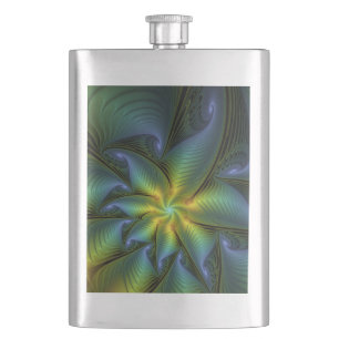 Abstract Star, Shiny Blue Green Golden Fractal Art Hip Flask
