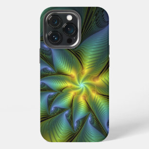 Abstract Star, Shiny Blue Green Golden Fractal Art iPhone 13 Pro Case