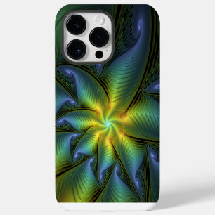 Abstract Star, Shiny Blue Green Golden Fractal Art iPhone 14 Pro Max Case