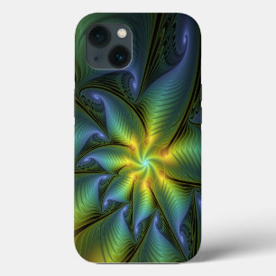 Abstract Star, Shiny Blue Green Golden Fractal Art iPhone 13 Case