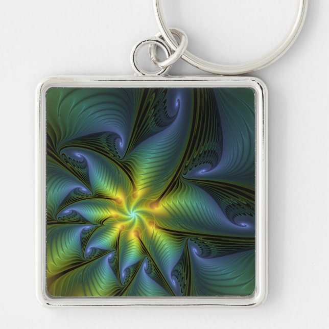 Abstract Star, Shiny Blue Green Golden Fractal Art Keychain (Front)