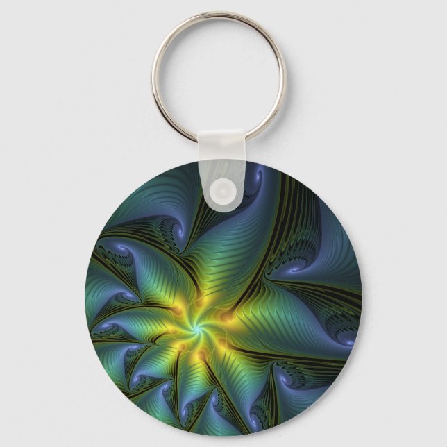 Abstract Star, Shiny Blue Green Golden Fractal Art Keychain (Front)