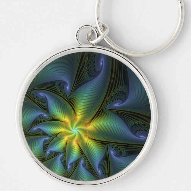 Abstract Star, Shiny Blue Green Golden Fractal Art Keychain (Front)