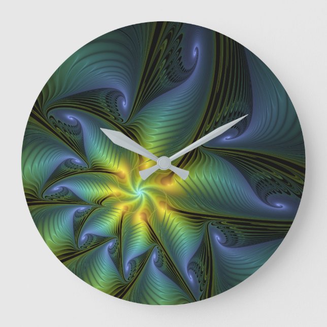 Abstract Star, Shiny Blue Green Golden Fractal Art Large Clock (Front)