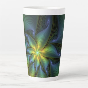 Abstract Star, Shiny Blue Green Golden Fractal Art Latte Mug