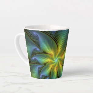 Abstract Star, Shiny Blue Green Golden Fractal Art Latte Mug