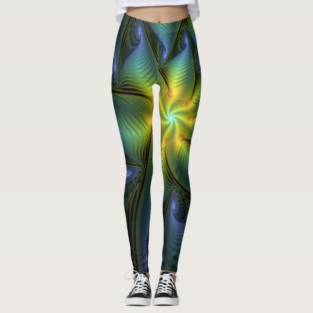 Abstract Star, Shiny Blue Green Golden Fractal Art Leggings (Front)