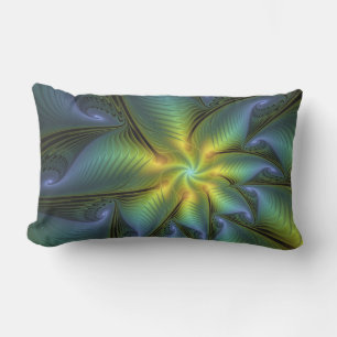 Abstract Star, Shiny Blue Green Golden Fractal Art Lumbar Pillow