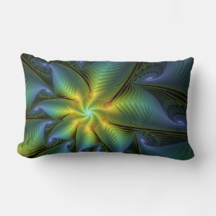 Abstract Star, Shiny Blue Green Golden Fractal Art Lumbar Pillow
