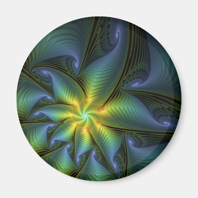Abstract Star, Shiny Blue Green Golden Fractal Art Magnet (Front)
