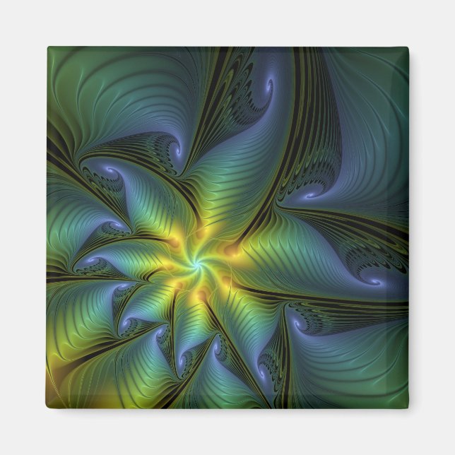 Abstract Star, Shiny Blue Green Golden Fractal Art Magnet (Front)