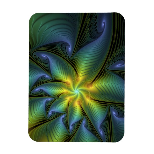Abstract Star, Shiny Blue Green Golden Fractal Art Magnet (Vertical)