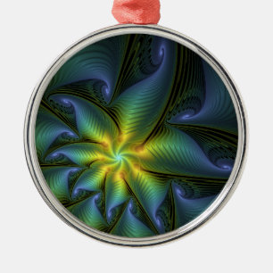 Abstract Star, Shiny Blue Green Golden Fractal Art Metal Ornament